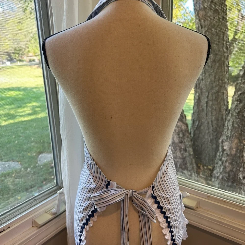Hand crafted Mens Dress Shirt Kitchen Apron white blue Striped Eyelet Ric Rac